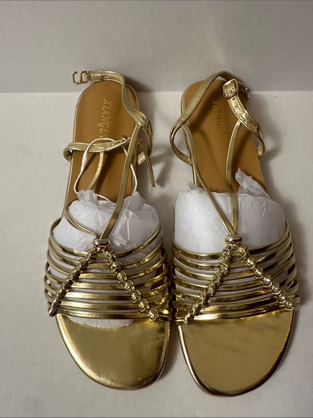 Women's Metallic Gold Multi-Strap Flat Sandals with Ankle Buckle